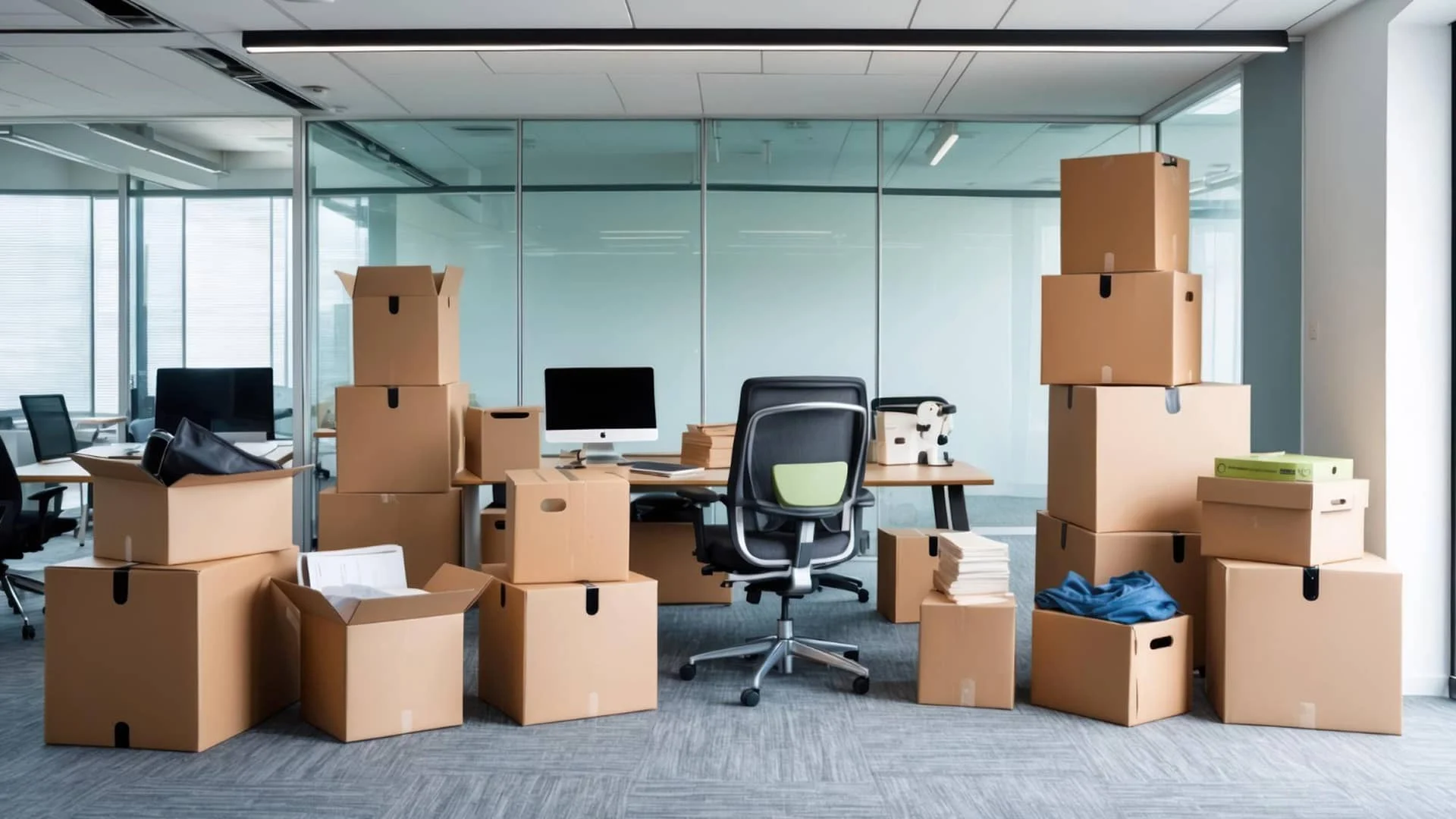 Geräumiges Büro mit gestapelten Umzugskartons rund um einen Schreibtisch – vorbereitet für einen gewerblichen Umzug