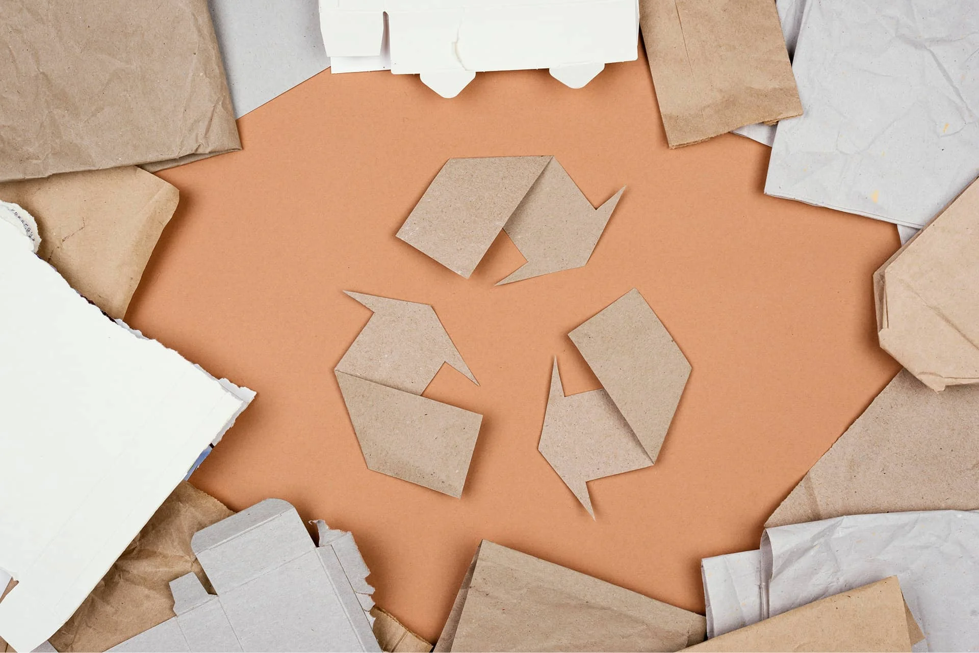 Recycling-Symbol aus Pappe umgeben von verschiedenen Papier- und Kartonmaterialien auf orangem Hintergrund