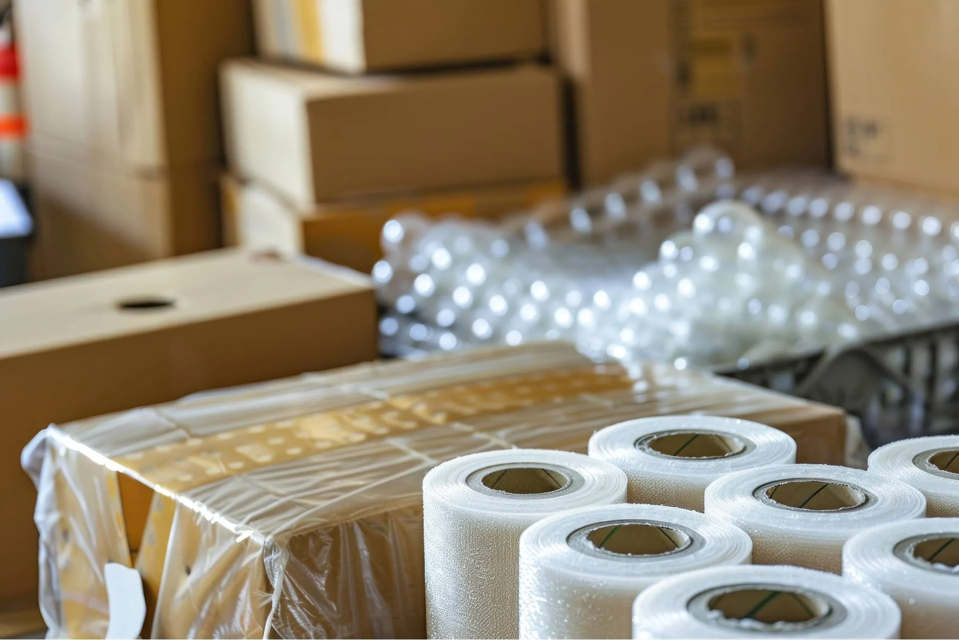 Polsterschaumrollen und Luftpolsterfolie neben gestapelten Umzugskartons